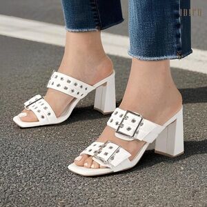 White Studded Block Heel Sandals